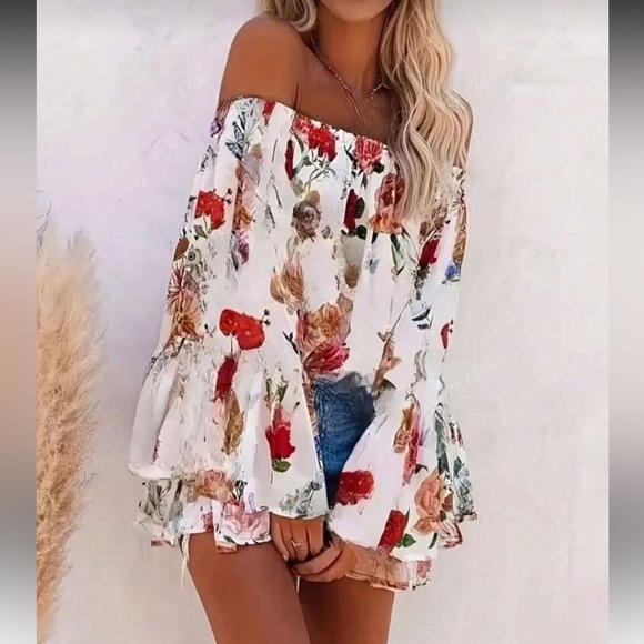 Boho Floral Off Shoulder Top Blouse Shirt White - Picture 3 of 4